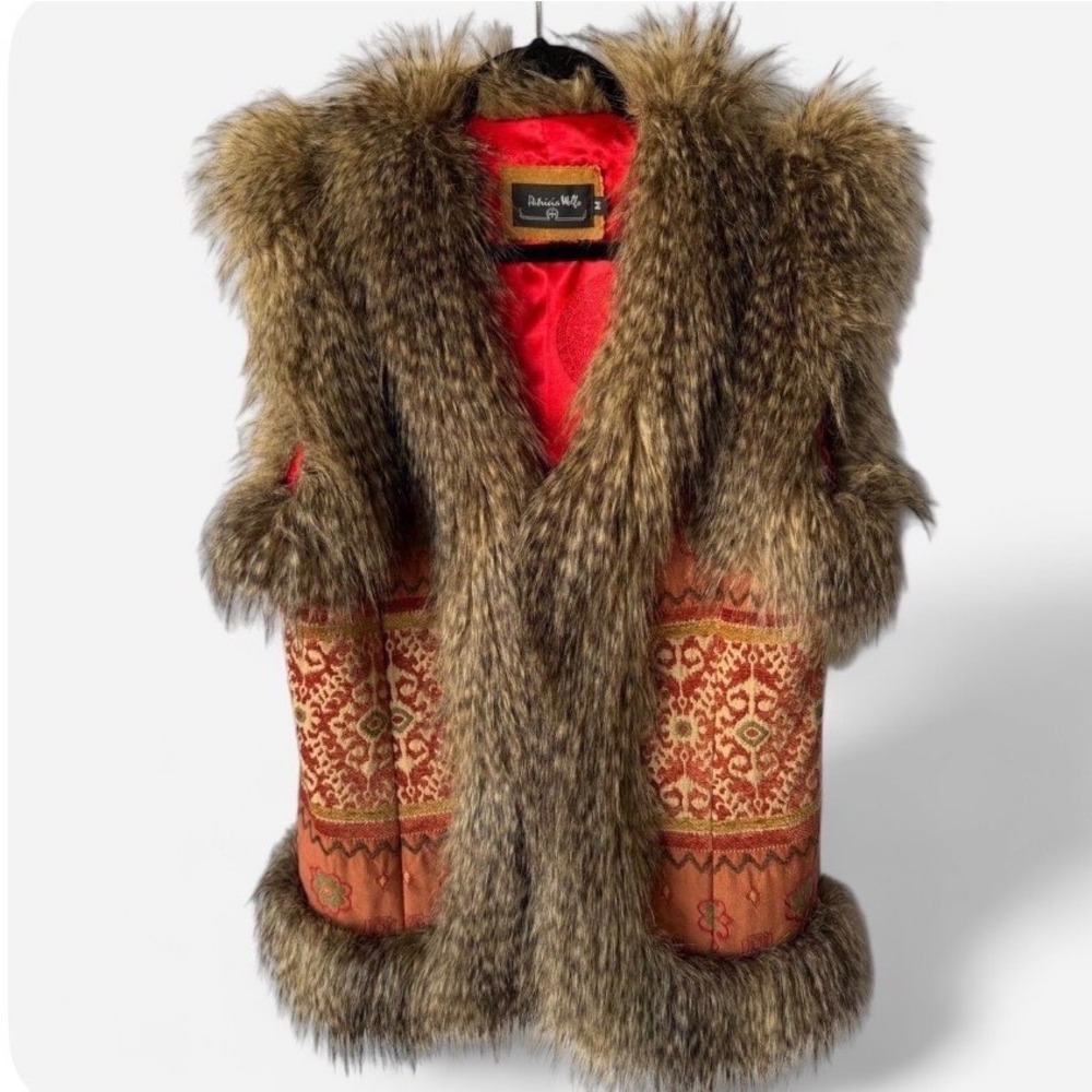 Patricia Wolf Tapestry Vest Orange Faux Fur Trim Southwestern Festival Medium